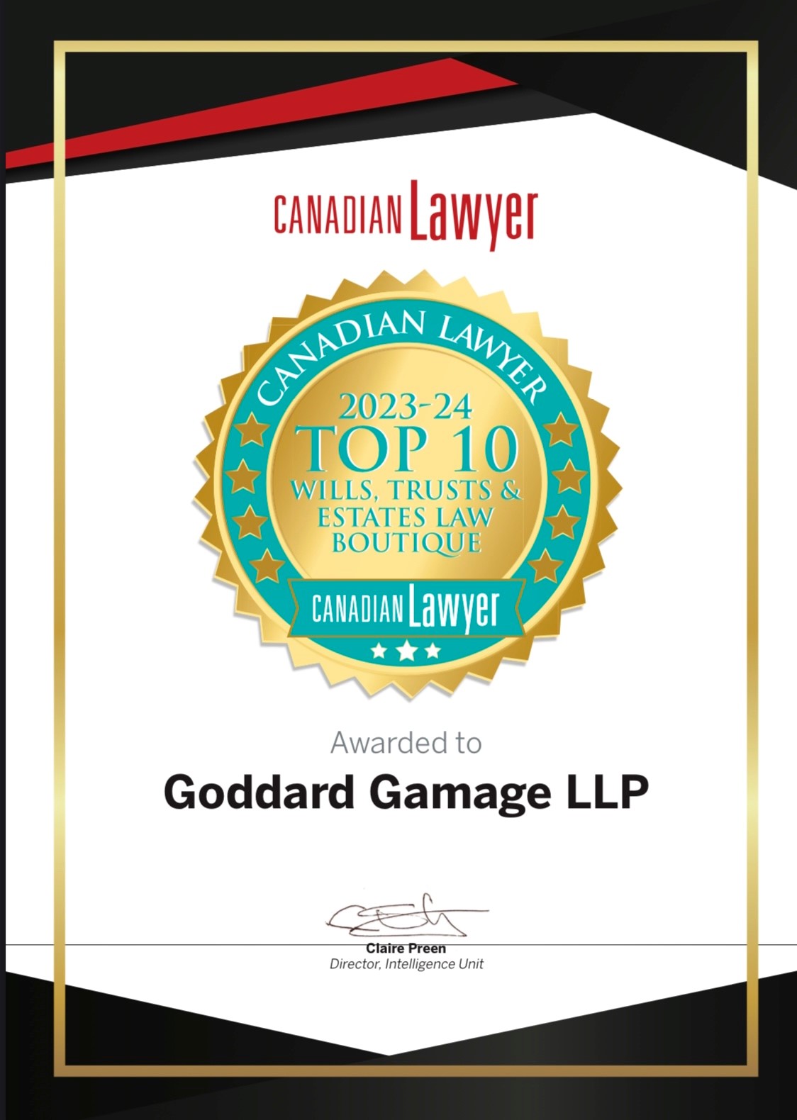 Goddard Gamage honoured as one of the top 10 boutique Estates and
